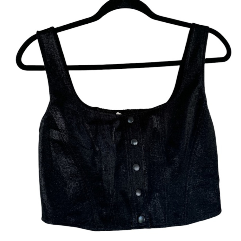 Wayf crop top snap button down sleeveless tank shirt black shimmer smocked back